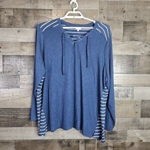 New Avenue Women's Plus Nautical Look Knit Top V-Neckline Drawstring Tie